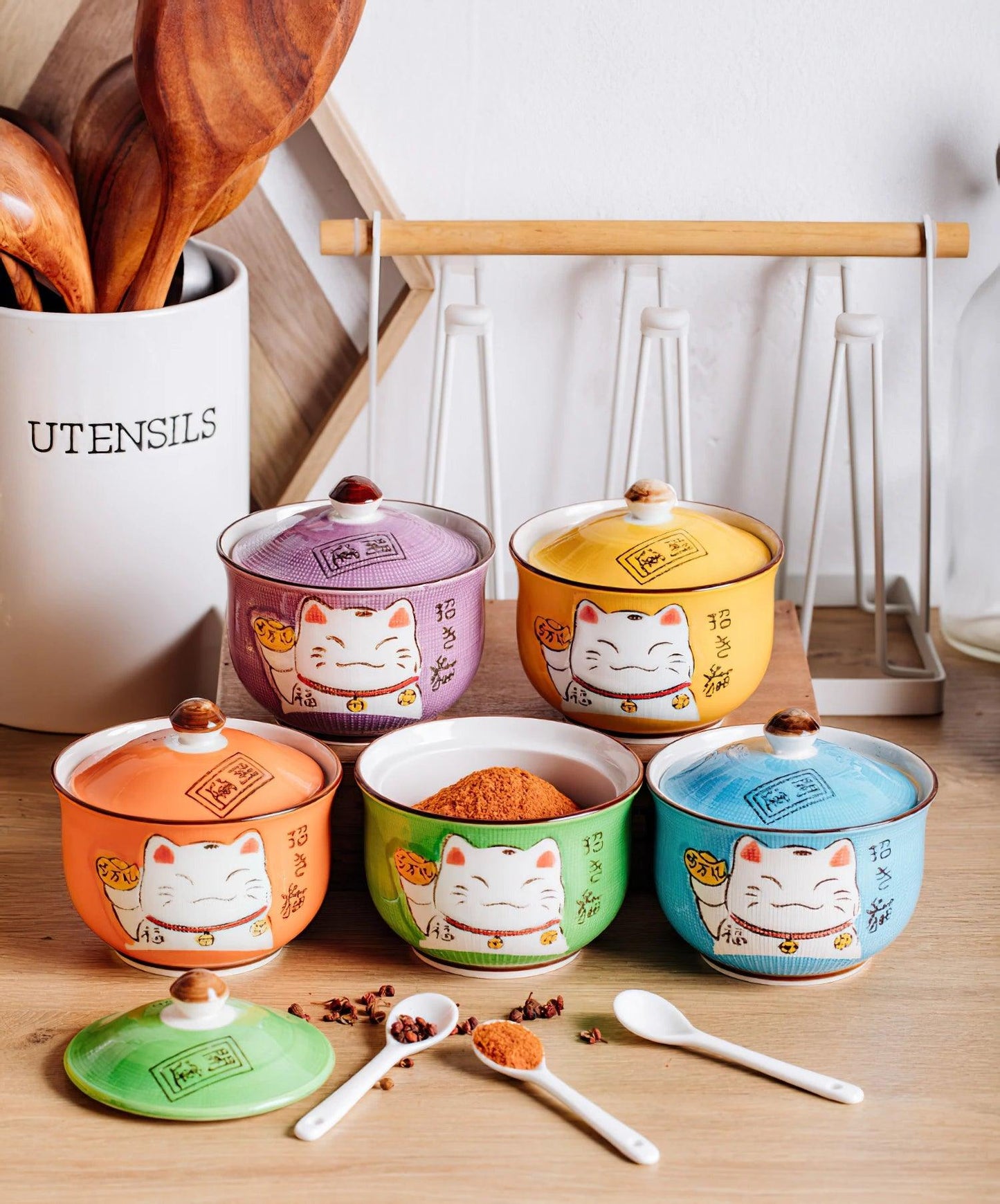 Ceramics Condiment Containers Lucky Cat - Essential in your Kitchen. In Addition to Being Functional, they are Great for Decoration