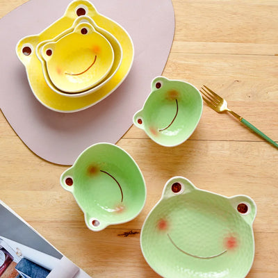 Japanese Kids Cartoon Ceramic Bowl and Plate Set Salad Bowl with Handle Frog Noodle Bowl Soup Plate with Lid Children Rice Bowl