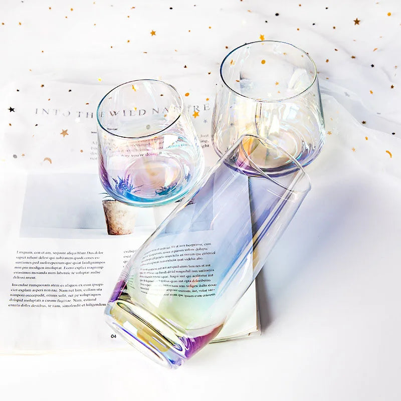 JANKNG Colorful Glass Cup Rainbow Glass Water Cup Moon Star Snowflake Creative Ice Coffee Cup Milk Juice Cup Transparent Mugs