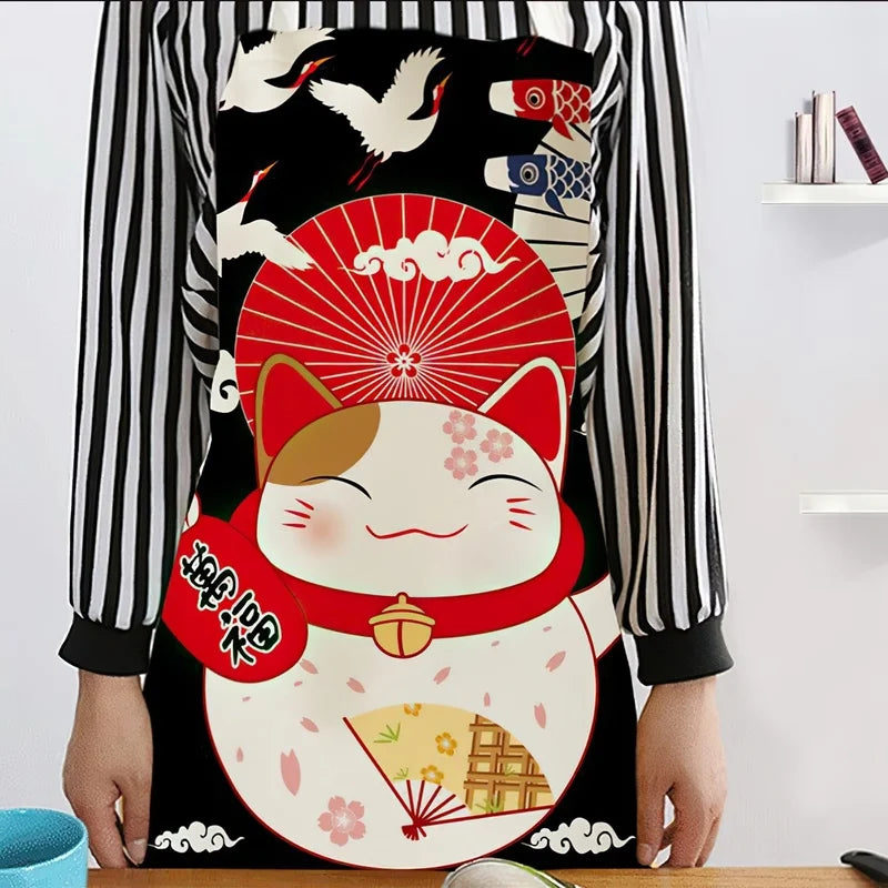 Delantal de algodón y lino con diseño de gato de la suerte de dibujos animados japoneses, sin mangas, impermeable, antigrasa, para cocina, delantal de chef