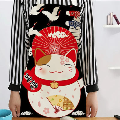 Delantal de algodón y lino con diseño de gato de la suerte de dibujos animados japoneses, sin mangas, impermeable, antigrasa, para cocina, delantal de chef