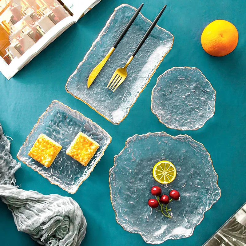 Japanese Hammer Glass Dinner Plate Platter Creative Fruit Salad Sushi Long Serving Plate Square Plate Tableware Dessert Plate