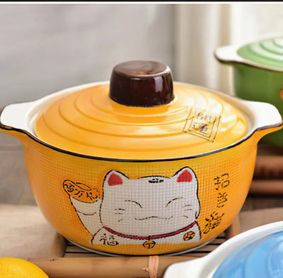 Cocotte en céramique japonaise avec chat porte-bonheur vert et bleu, bol à soupe rond de 9 pouces avec couvercle, fournitures de cuisine ménagères, vaisselle