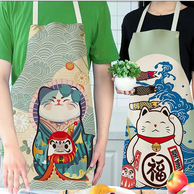 Delantal de algodón y lino con diseño de gato de la suerte de dibujos animados japoneses, sin mangas, impermeable, antigrasa, para cocina, delantal de chef