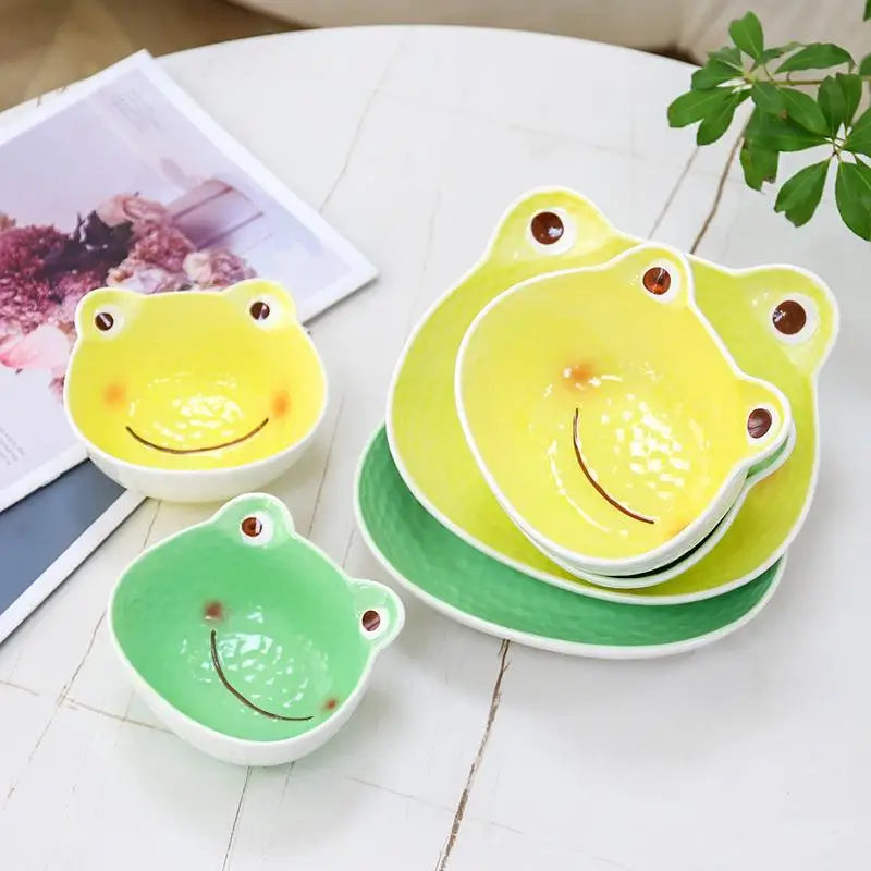 Japanese Kids Cartoon Ceramic Bowl and Plate Set Salad Bowl with Handle Frog Noodle Bowl Soup Plate with Lid Children Rice Bowl