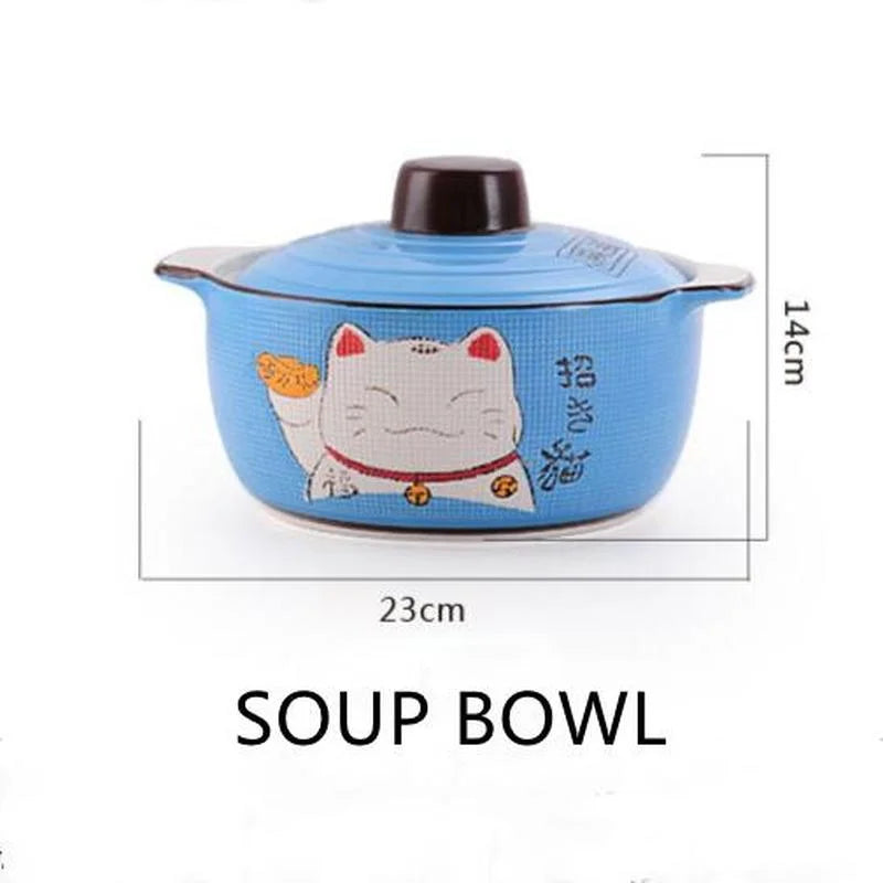 Ceramic Casserole Japanese Cartoon Lucky Cat Green Blue Round 9 Inch Soup Bowl with Lid Household Kitchen Supplies Tableware