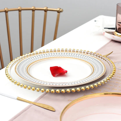 Assiette de présentation en verre à perles dorées nordiques pour dîner, assiette décorative pour salade, fruits, mariage, dîner