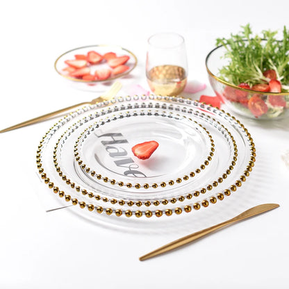 Assiette de présentation en verre à perles dorées nordiques pour dîner, assiette décorative pour salade, fruits, mariage, dîner