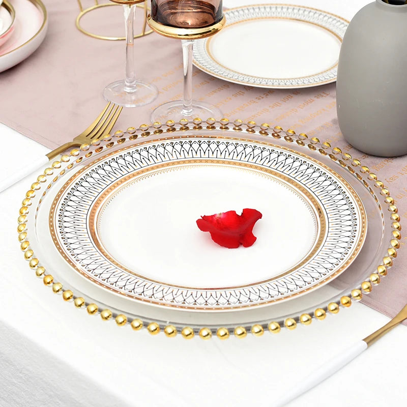 Assiette de présentation en verre à perles dorées nordiques pour dîner, assiette décorative pour salade, fruits, mariage, dîner