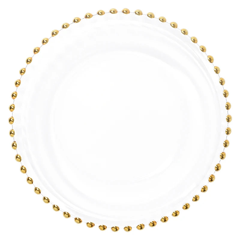 Assiette de présentation en verre à perles dorées nordiques pour dîner, assiette décorative pour salade, fruits, mariage, dîner