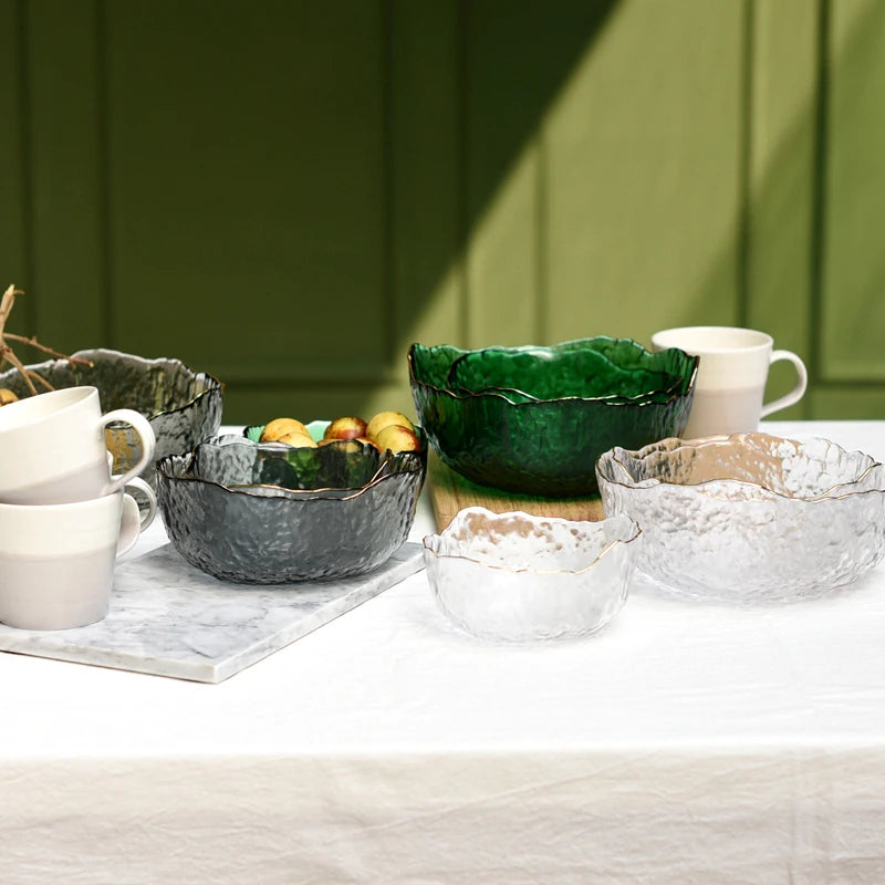 Japanese Style Iceberg Glass Bowl with Glod Rim Transparent Salad Fruit Soup Dessert Snack Foods Mixing Bowl Tea Wash Large