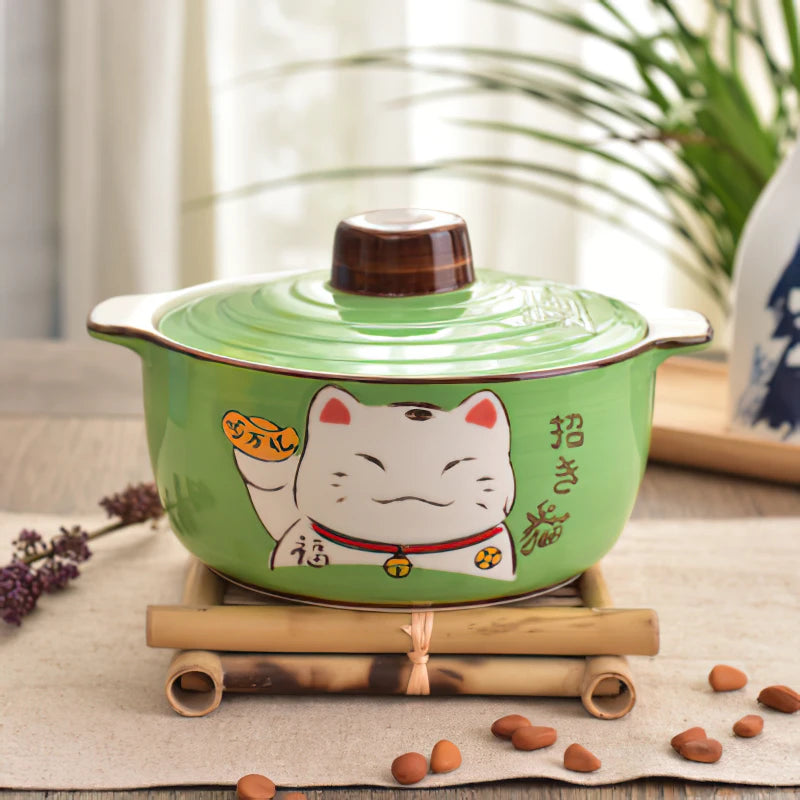 Cazuela de cerámica japonesa con dibujos de gato de la suerte, cuenco para sopa redondo verde y azul de 9 pulgadas con tapa, utensilios de cocina para el hogar, vajilla