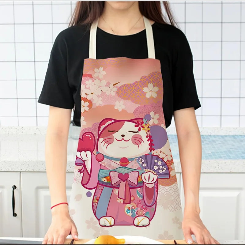 Cotton and Linen Apron Japanese Cartoon Lucky Cat Cooking Sleeveless Bib Waterproof Anti-greasy Kitchen Supplies Chef Apron