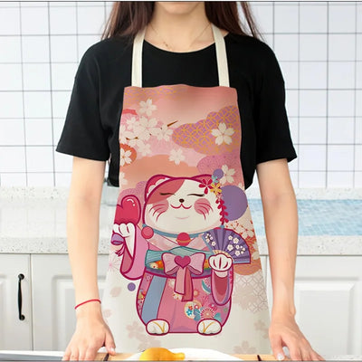 Delantal de algodón y lino con diseño de gato de la suerte de dibujos animados japoneses, sin mangas, impermeable, antigrasa, para cocina, delantal de chef