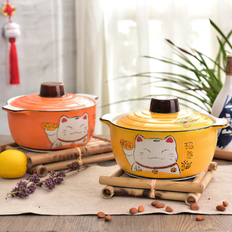 Ceramic Casserole Japanese Cartoon Lucky Cat Green Blue Round 9 Inch Soup Bowl with Lid Household Kitchen Supplies Tableware