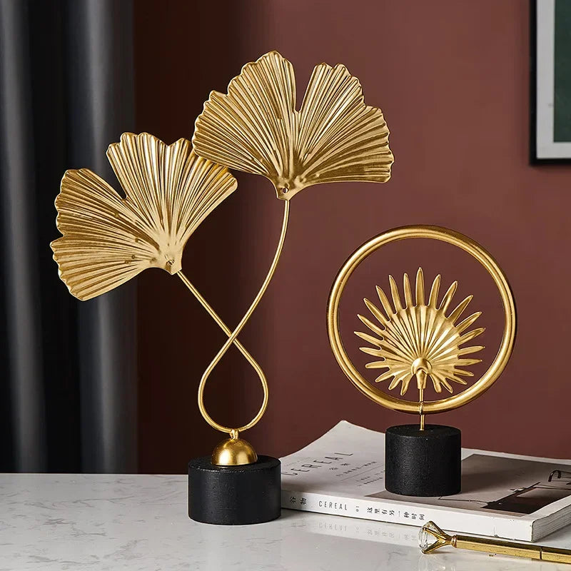 Artesanías de hojas de ginkgo doradas de estilo nórdico, esculturas de hojas, decoración de lujo para sala de estar, accesorios de decoración del hogar, adornos de escritorio para oficina