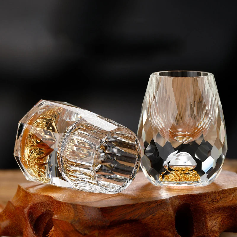 Luxury Crystal Glass Vodka Glass Sake Shochu Glass Bar Bullet Glass Liqueur Double Bottom Gold Foil Glass Tea Cup High-end Gifts