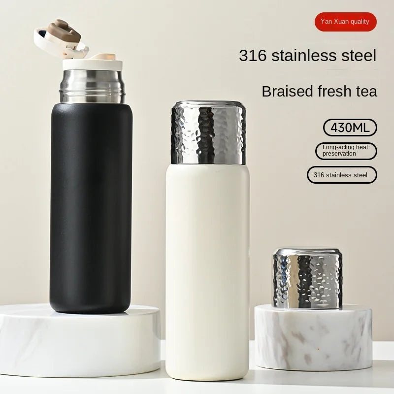 Thermal Bottle with Tea Cup Lid Hot Cold Drink Stainless Steel Vacuum Insulated Thermos with Tea Infuser Strainer Travel Work