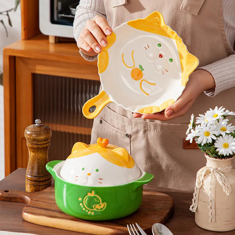 Cartoon Cute Cat Noodle Bowl Japanese Rice Bowl Salad Bowl Ceramic Dinner Plate for Children's Kids Baking Tray Crockery