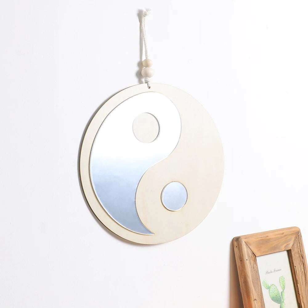 Miroir en bois Décoration d'intérieur Miroirs muraux Boho pour salon Chambre Tai Chi Yin Yang Miroirs en bois Chambre Maison Décoration Feng Shui