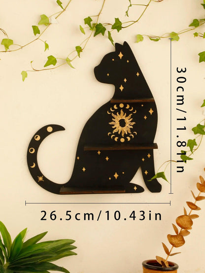 Black Cat Moon Phase Wooden Shelf