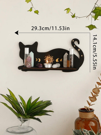 Black Cat Moon Phase Wooden Shelf