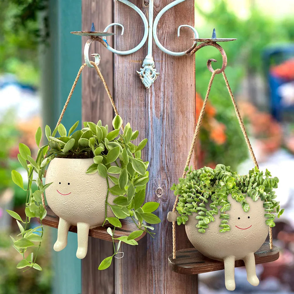 Lovely Swing Face Planter Pot with Twine Creative Resin