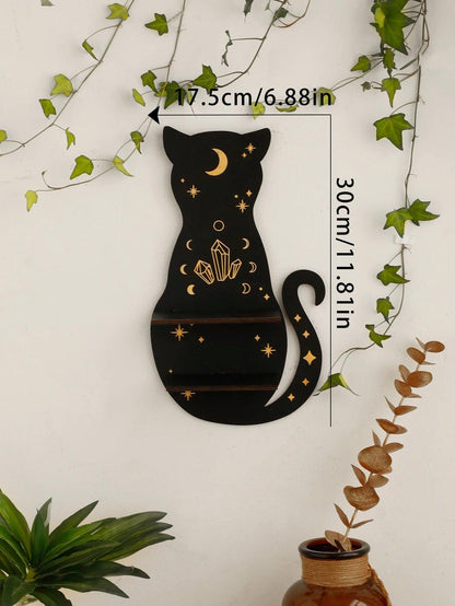 Black Cat Moon Phase Wooden Shelf