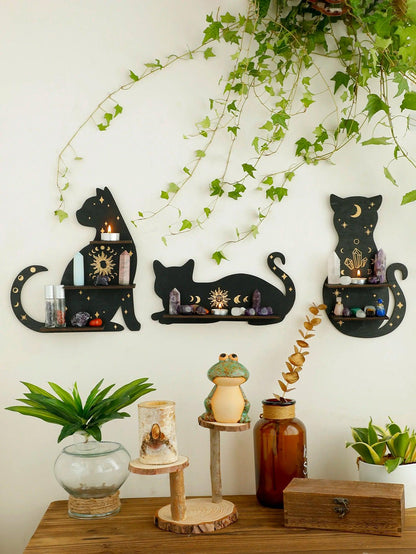 Black Cat Moon Phase Wooden Shelf