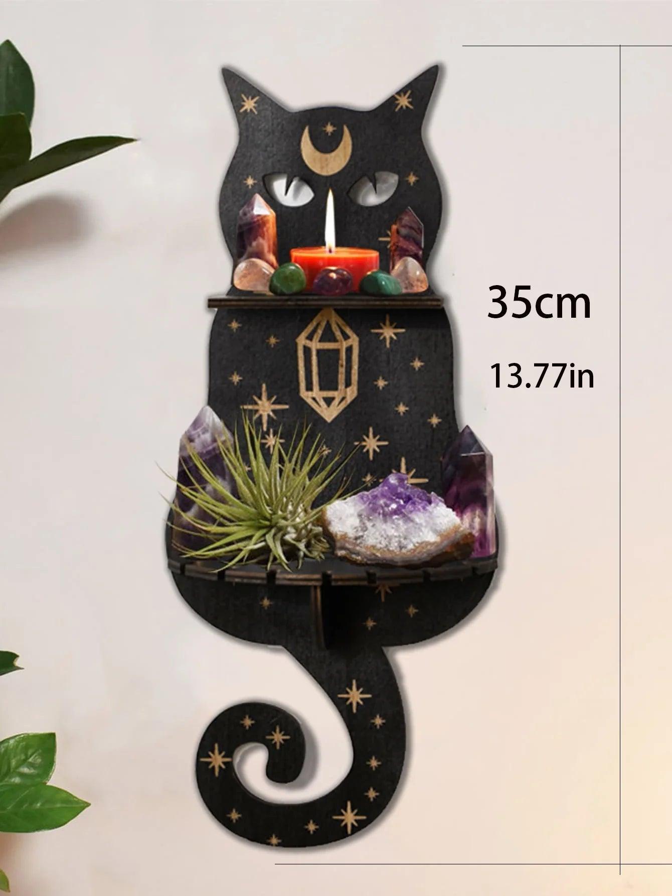 Black Cat Moon Phase Wooden Shelf