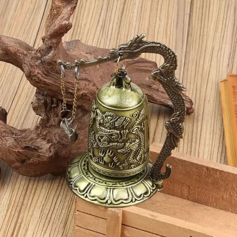 Good Luck Feng Shui Ornament Home Decoration Figurines New Metal Bell Carved Dragon Buddhist Clock