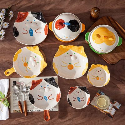 Cartoon Cute Cat Noodle Bowl Japanese Rice Bowl Salad Bowl Ceramic Dinner Plate for Children's Kids Baking Tray Crockery