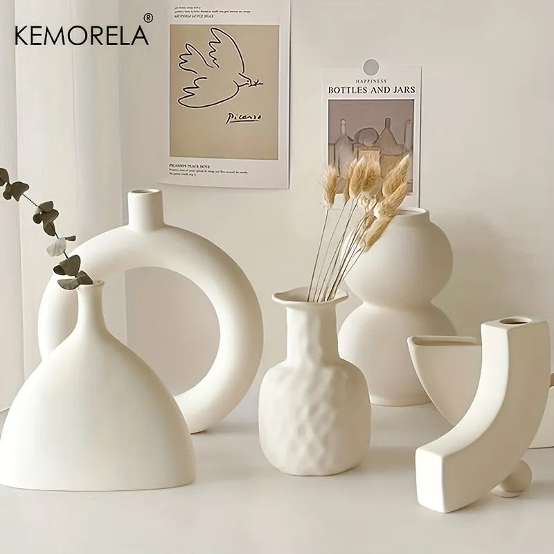 Nordic Ceramic Vase Circular Hollow Donuts Flower Pot Home Living Room Decoration Accessories Interior Office Desktop Decor Gift