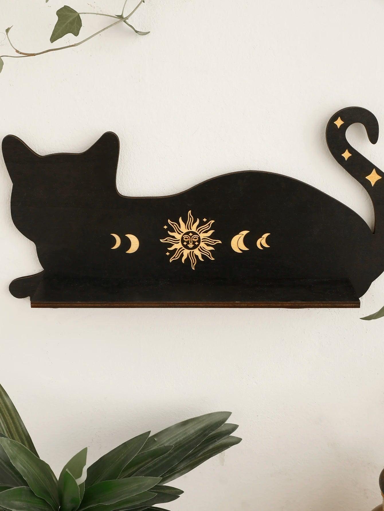 Black Cat Moon Phase Wooden Shelf