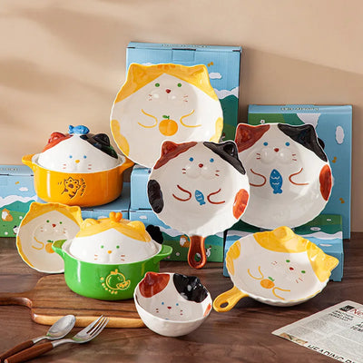 Cartoon Cute Cat Noodle Bowl Japanese Rice Bowl Salad Bowl Ceramic Dinner Plate for Children's Kids Baking Tray Crockery