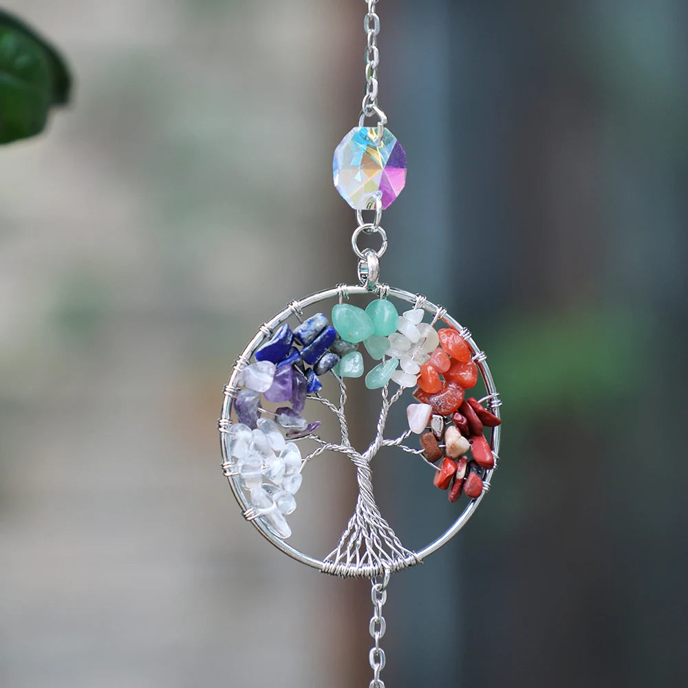 7 Chakra Crystals Tree of Life Suncatcher Healing Rainbow Crystal Sun Catchers Hanging Ornament for Windows Home Garden Decor