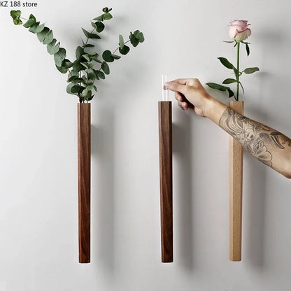 Jarrón de pared de madera maciza con estilo minimalista nórdico, maceta hidropónica para flores, jarrones zen tradicionales chinos, decoración de pared para el hogar